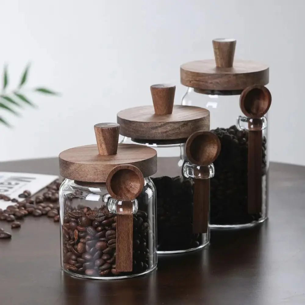 

Moisture-proof Coffee Bean Storage Jar with Wooden Lid Top Handle Clear Spice Storage Tank With Wood Spoon Wide mouth design