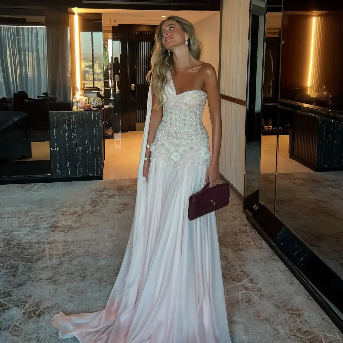 

Arabia Customized Celebrity Evening Dresses Pink Sleevesless Prom Dresses High Neck Pleated Beadings Ankle Length Party Dresses