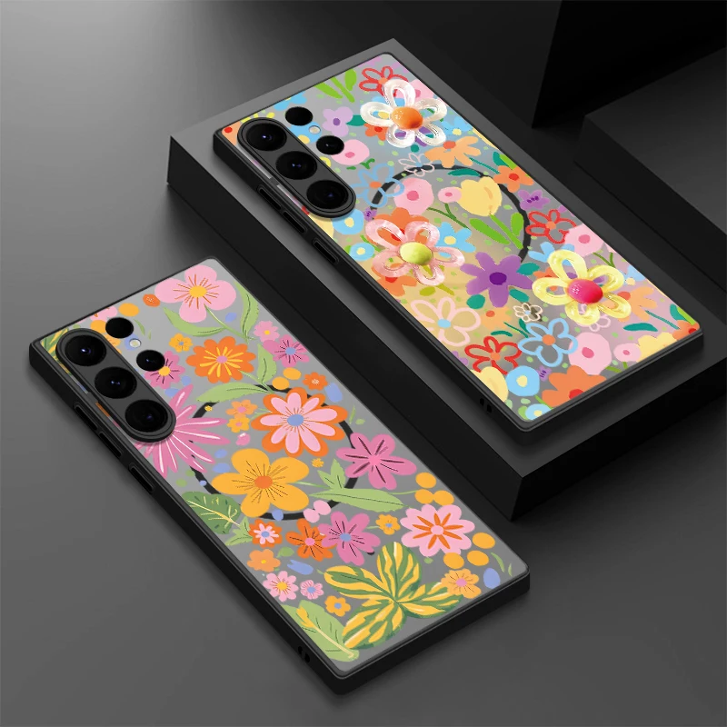 Blumen Muster magnetische Telefon Fall für Samsung Galaxy S25 Rand S24 S23 S22 S25 Ultra S24 Plus S24 S23 S21 S20 FE PC zurück Abdeckung