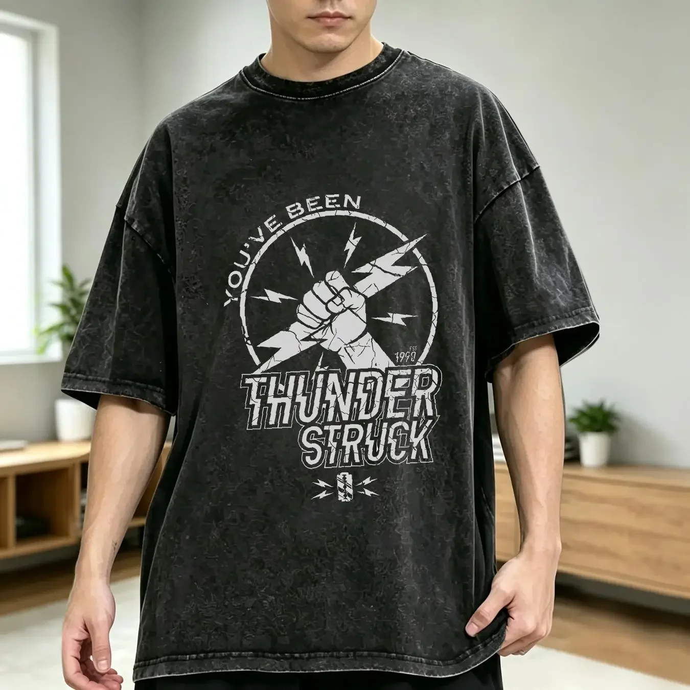 washed T Shirt You've Been Thunderstruck Black vintage Washed homme Slightly Stretched designer clothes streetwear fashion
