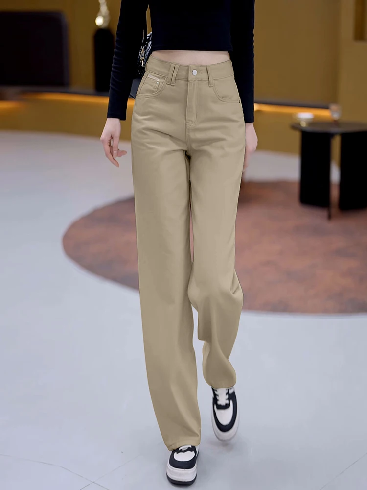 

Khaki High Waist Wide Leg Jeans Women's Spring Autumn Casual Loose Slimming Pure Cotton Straight Cut Pants