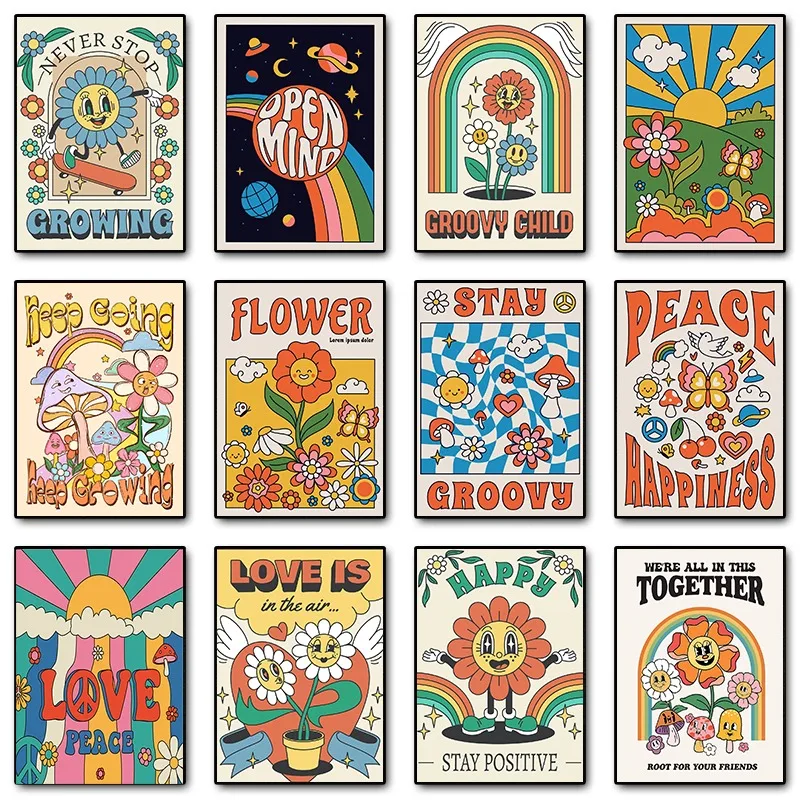 Groovy Vintage 60s Posters Prints Hippie Floral Boho 70s Art Quotes Psychedelic Retro Canvas Painting Wall Art Room Home Decor