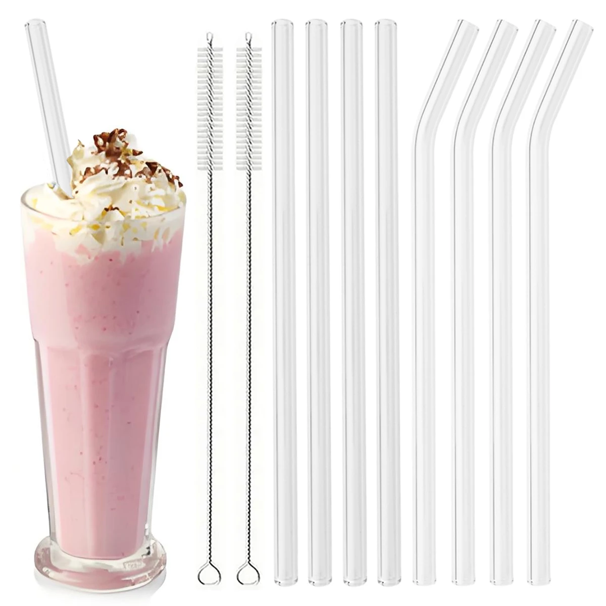 2/4/8pcs Glass Straws Set with Cleaning Brush 200*8mm Drinking Straw High Borosilicate Bent Glass Straw Home Party Bar Drinkware