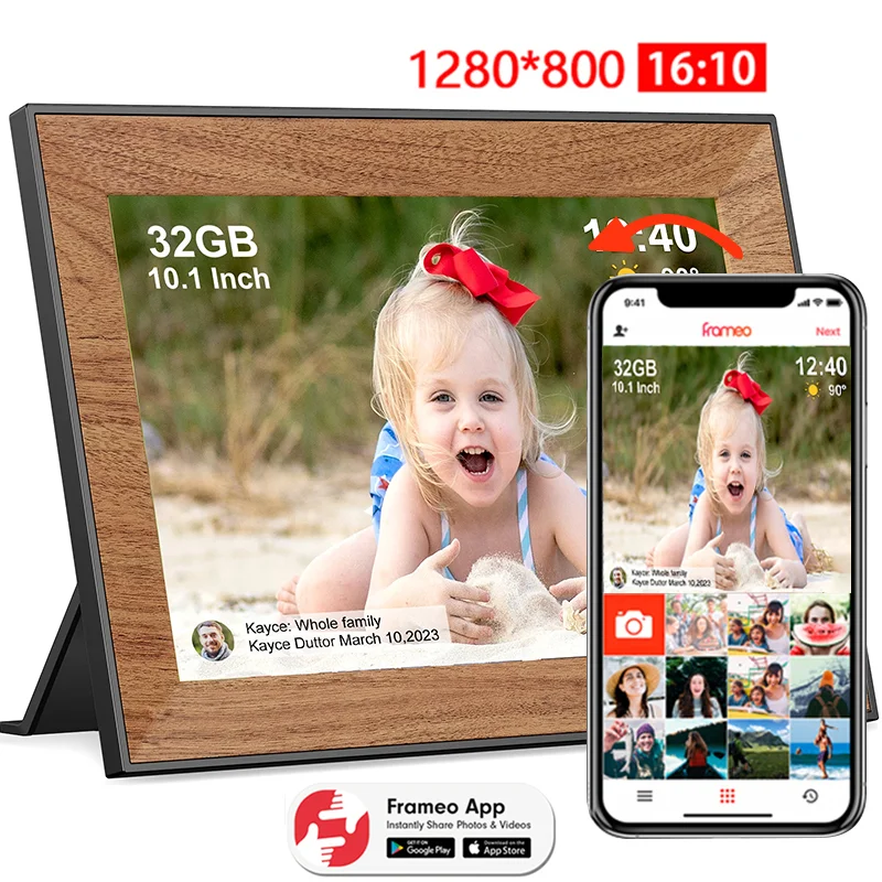 

Frameo Digital Picture Frame WiFi Slideshow Electronic Photo Frame 10.1Inch IPS Touch Screen 32GB HD Smart Wooden Frame For Gift