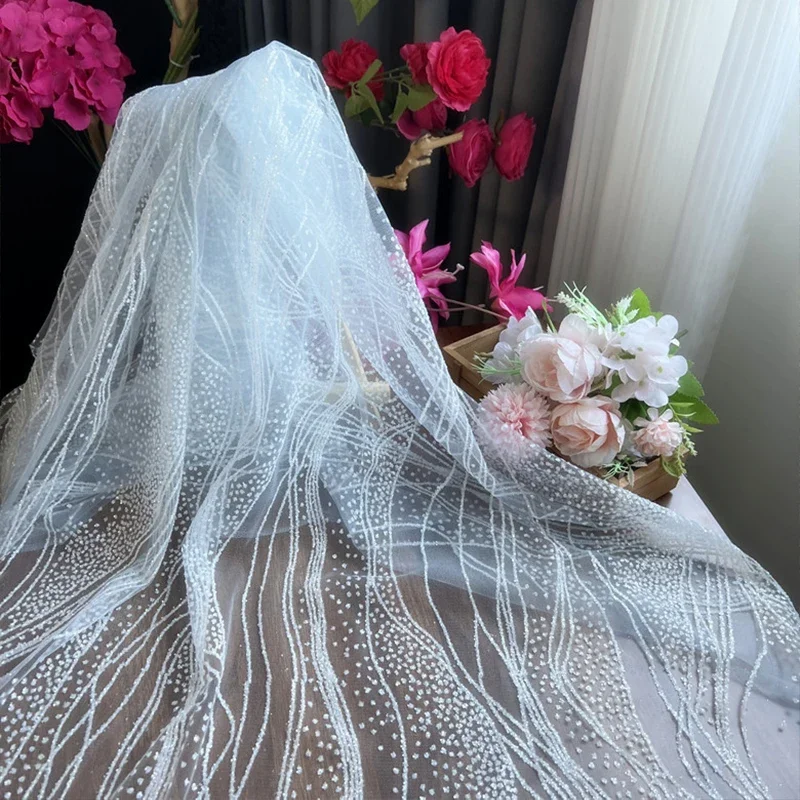 

Glitter Sequin Lace Fabric Iron Bronzing Wave Pattern Polyester Material Bridal Wedding Party Evening Dress Fabric DIY Textile