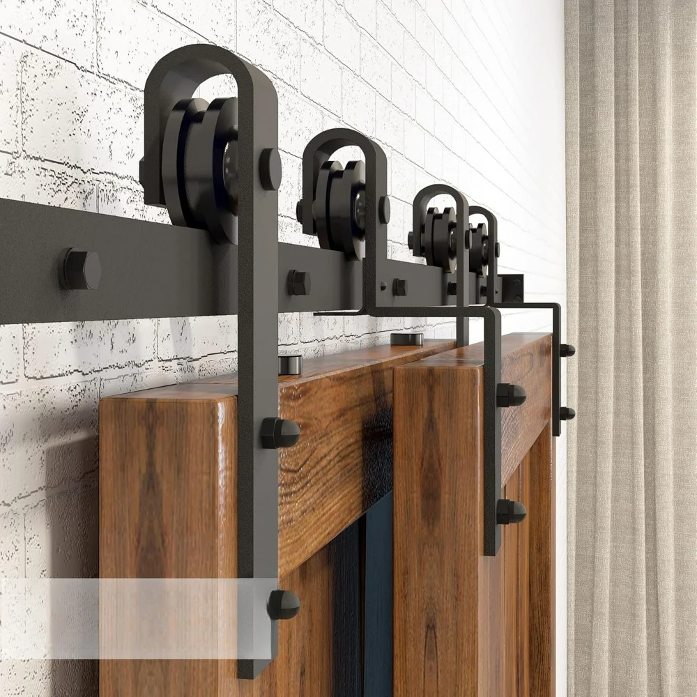 Black Rustic Single Track Bypass Sliding Barn Door Hardware Kit, for Two/Double Doors,7ft Long Flat Track, Classic Design Roller
