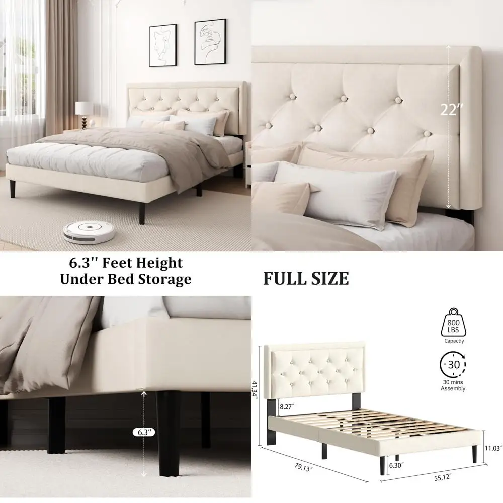 

Velvet Button-Tufted Upholstered Headboard Full Size Platform Bed Frame with Wooden Slat Mattress Support