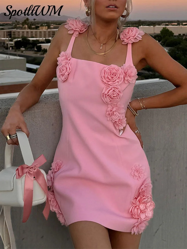 

Women Elegant Pink 3d Flower Patchwork Dress Women Square Neck Sleeveless Slim Short Dresses Summer New Female Party Club Robes