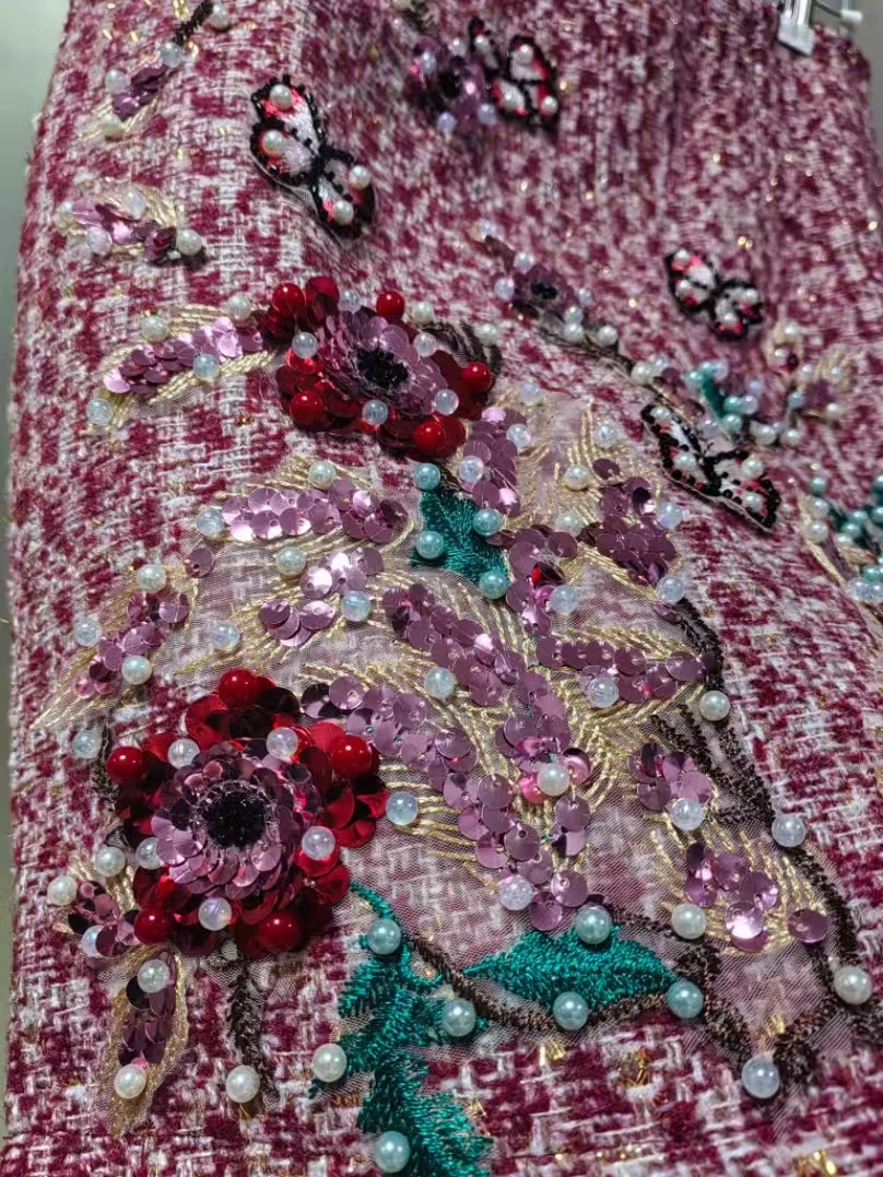 Spring Autumn 2025 Trend Luxury Sparkle Tweed Half Skirts For Women's Pearls Beaded Embroidery Skirts Faldas Woman Clothing