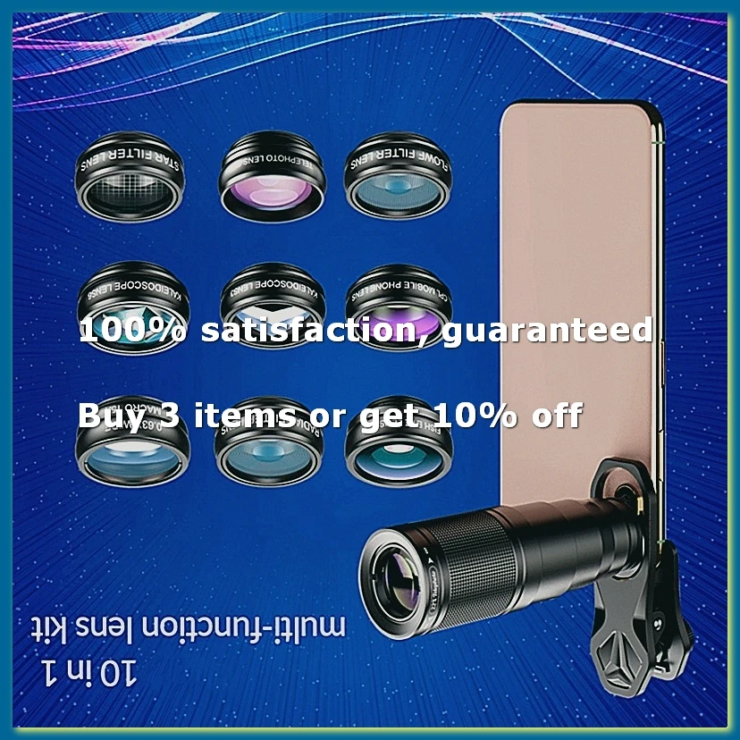 10 in 1 Mobile Phone Lens Kit 22X Telephoto Lens Fisheye Lens+Wide Angle Macro Lens+CPL Filters for All Smartphones-A12I