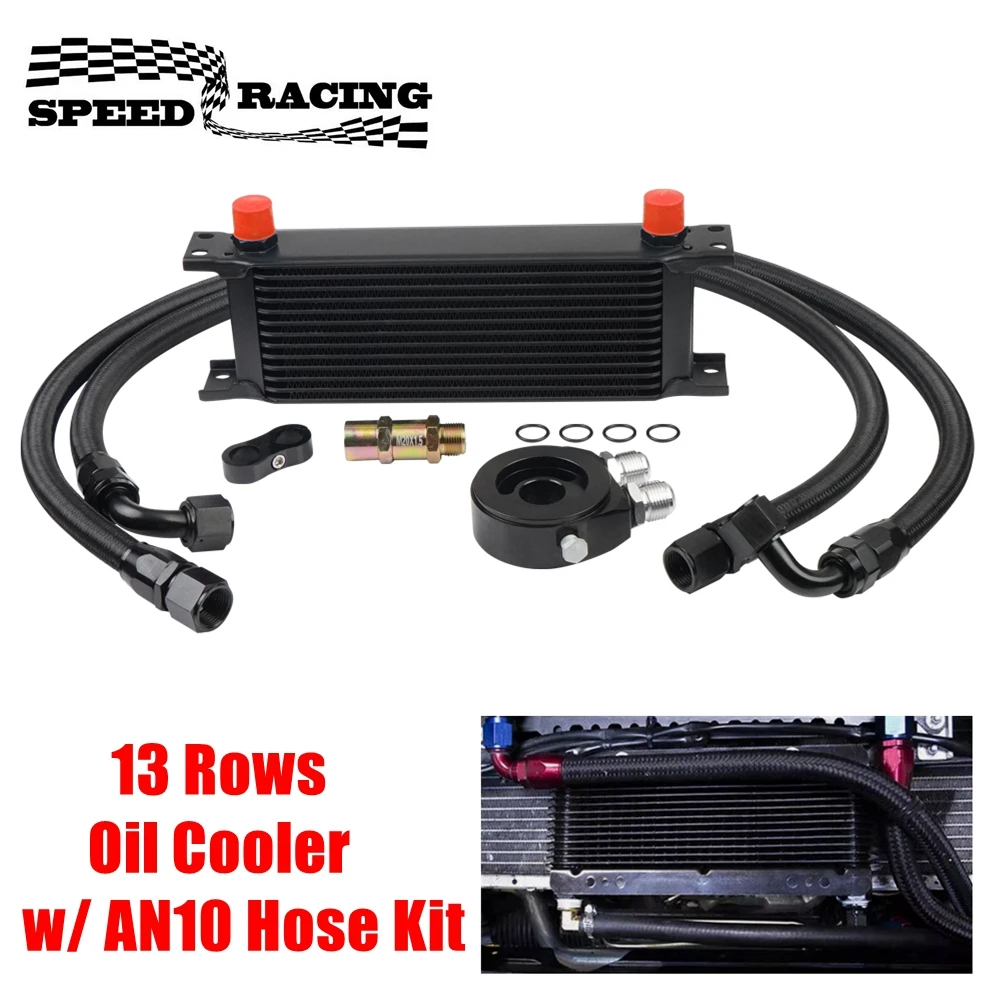 Universal 13 Rows Oil Cooler Kit, 10AN Transmission Engine Cooler w/Oil Filter Sandwich Adapter Nylon Braided Hose Line Kit