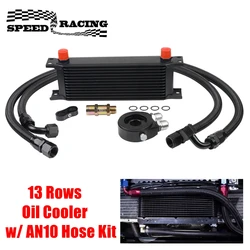 Universal 13 Rows Oil Cooler Kit, 10AN Transmission Engine Cooler w/Oil Filter Sandwich Adapter Nylon Braided Hose Line Kit