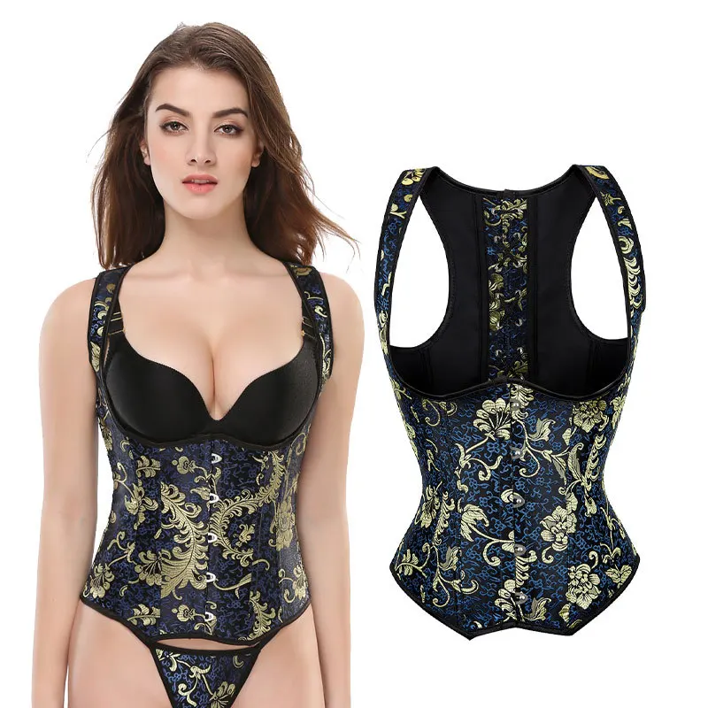 Vintage Underbust Corset Top Gothic Gold Blue Embroidery Waist Cincher Bustier Vest with Shoulder Straps Plus Size Body Shaper