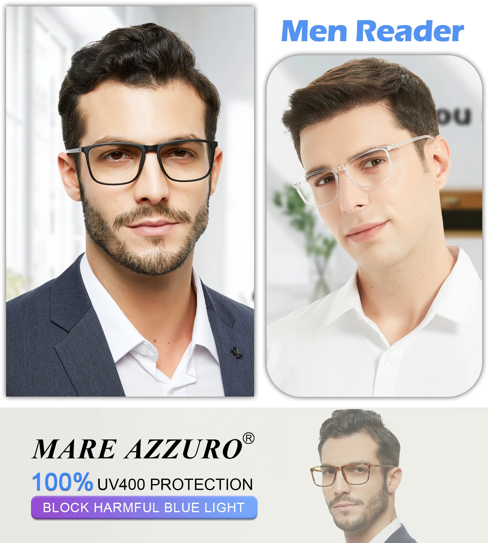 Lunettes de lecture carrées Anti-lumière bleue pour hommes, monture, loupe, lunettes de soleil élégantes + 1 1.5 2