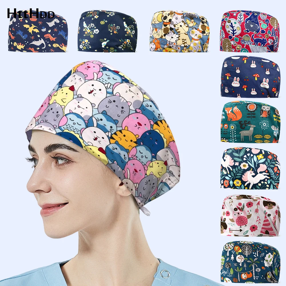 High Quality Scrub Cap Unisex Breathable Animal Printing Dentistry Hat Multicolor Pet Beauty Salon Work Hat with Sweat-absorbent