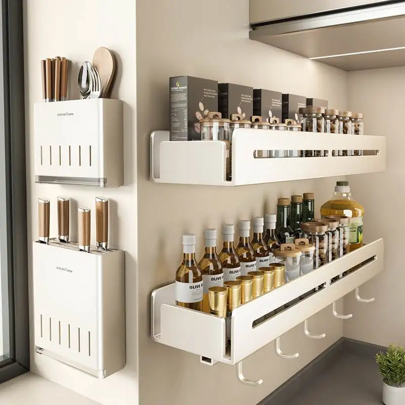 Kitchen Storage Rack Spice Holder Wall Mounted Multi Functional Seasoning Can Home Use All in One Wall Storage Shelf