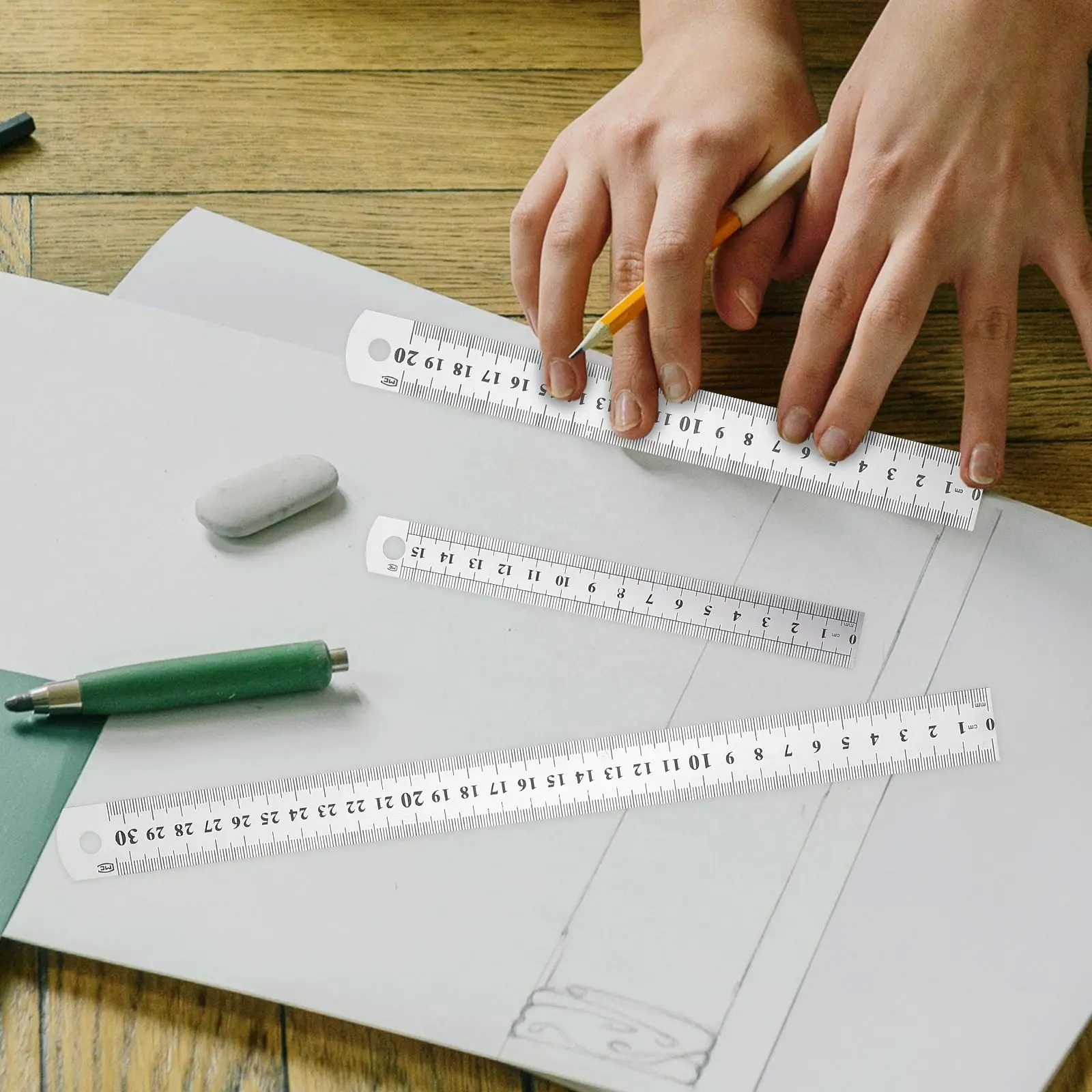 3 Pcs Thickened Stainless Steel Ruler Kitchen Engineer Scale Clear Meter for Binder Office