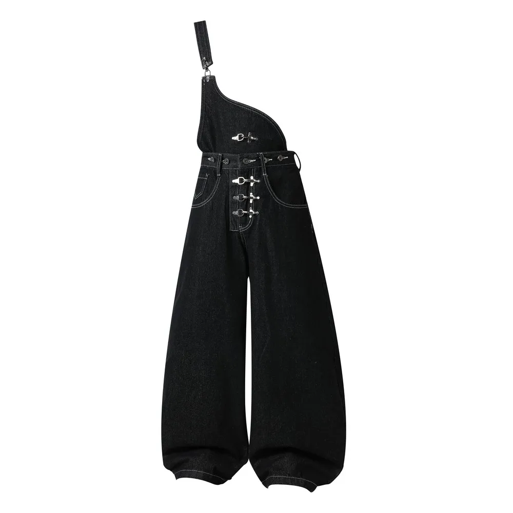 Single Shoulder Designer Buttons Vintage Gothic Distressed Washed Grunge Women's Cargo Jeans Pants Trousers for Women Streetwear