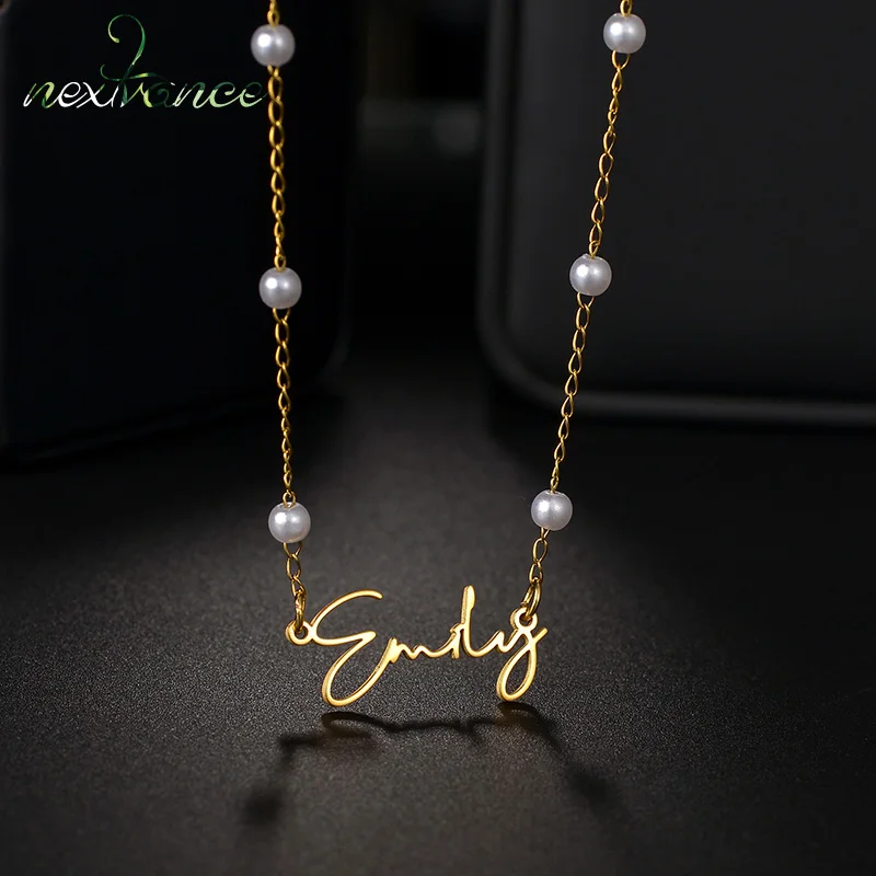 

Nextvance Custom Name Pearl Necklace Gold Color Stainless Steel Personalized Nameplate Pendant Choker For Women Jewelry Gifts