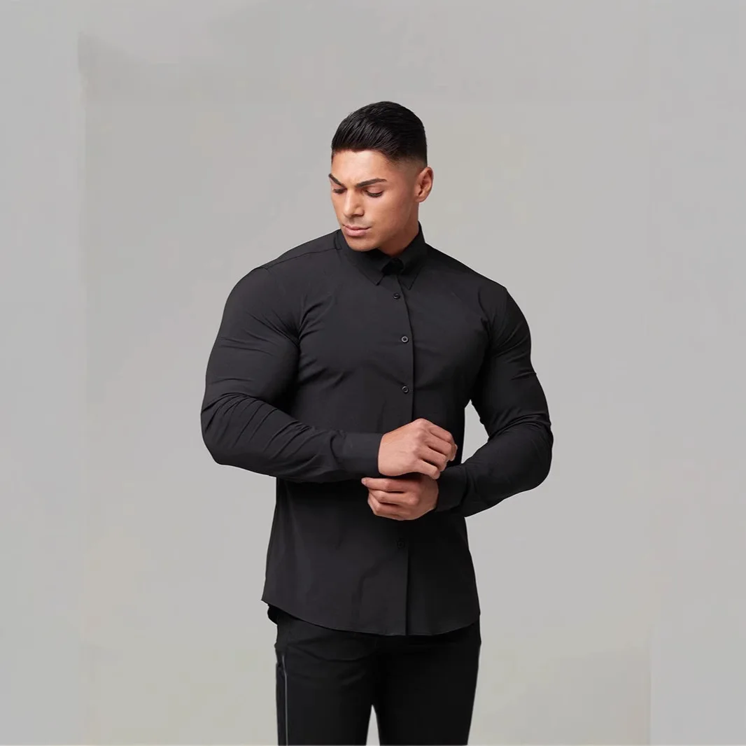 Muscle Slim Sports Long Sleeve Lapel Shirt Men's Casual Top