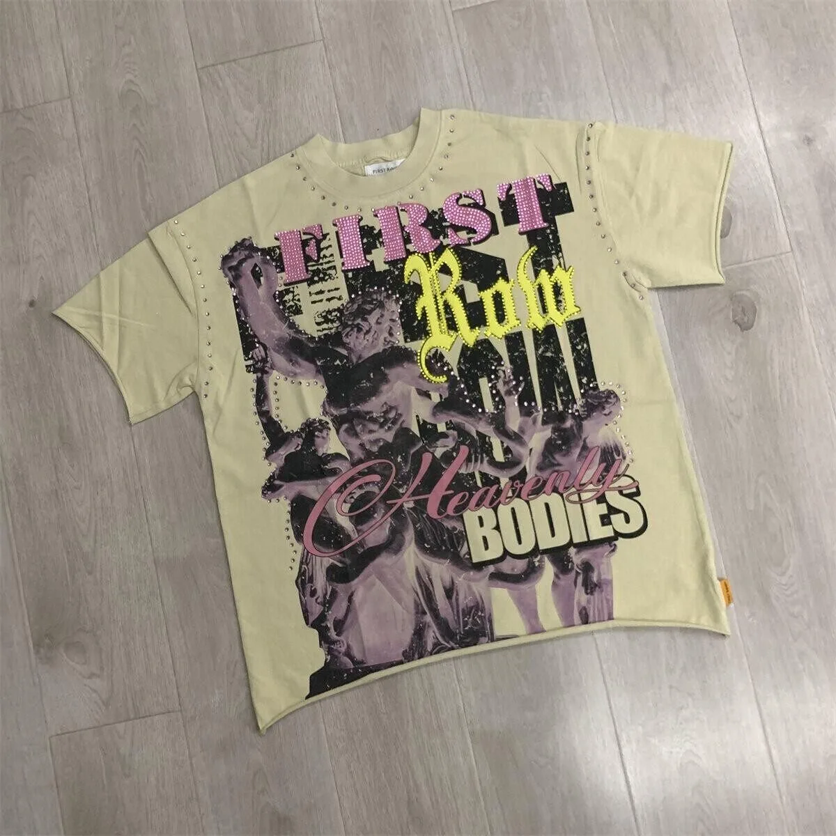 First Row Retro American Street Retro Print Short-Sleeved T-Shirt Loose Beaded Hem Casual Shirt