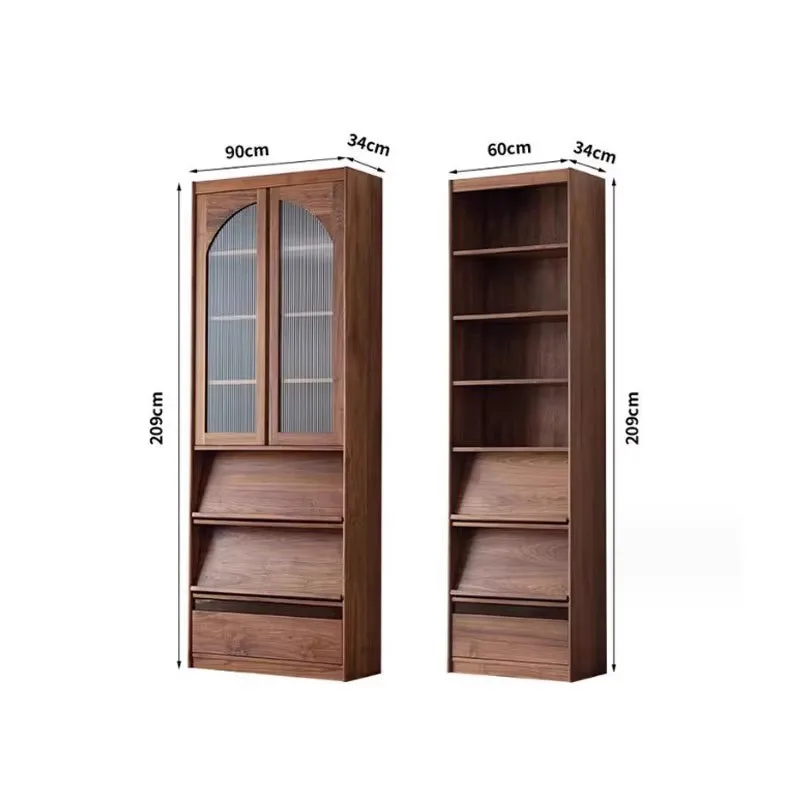 Arched glass door integrated whole wall living room simple black walnut, bookcase