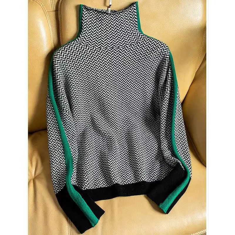 Autumn and Winter 2022 Shirt Sweater Woman Geometric Knitting Turtleneck Jumping Full Match Long Fashion Loose Casual Women Top