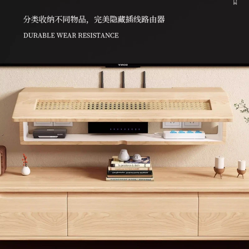 Mid Century Woven Rattan WiFi Router Organizer Wall Mounted Set Top Box Racks Vintage Style Home Cable Storage Solution