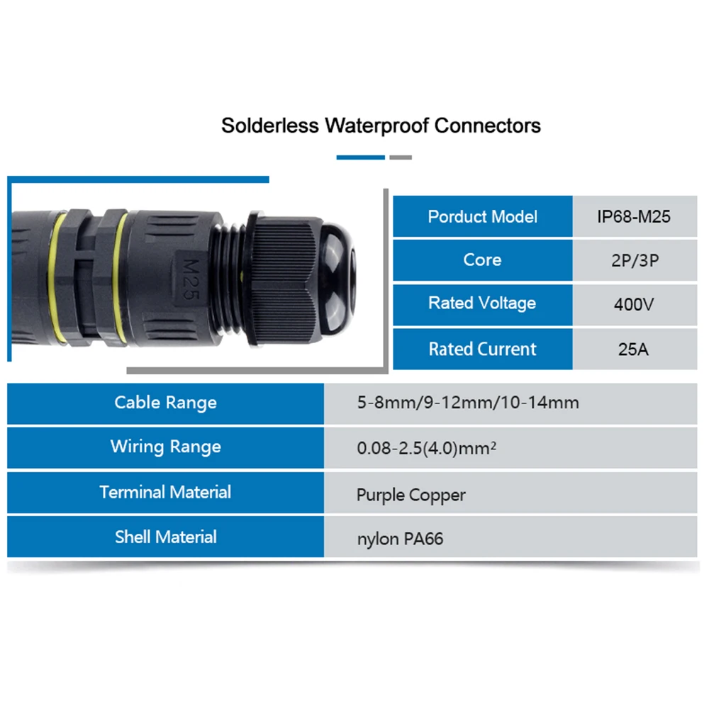 IP68 M25 Straight Cable Junction Box Outdoor Waterproof Connector 2/3 Pin Terminal Docking Quick Wire Connectors For LED Light