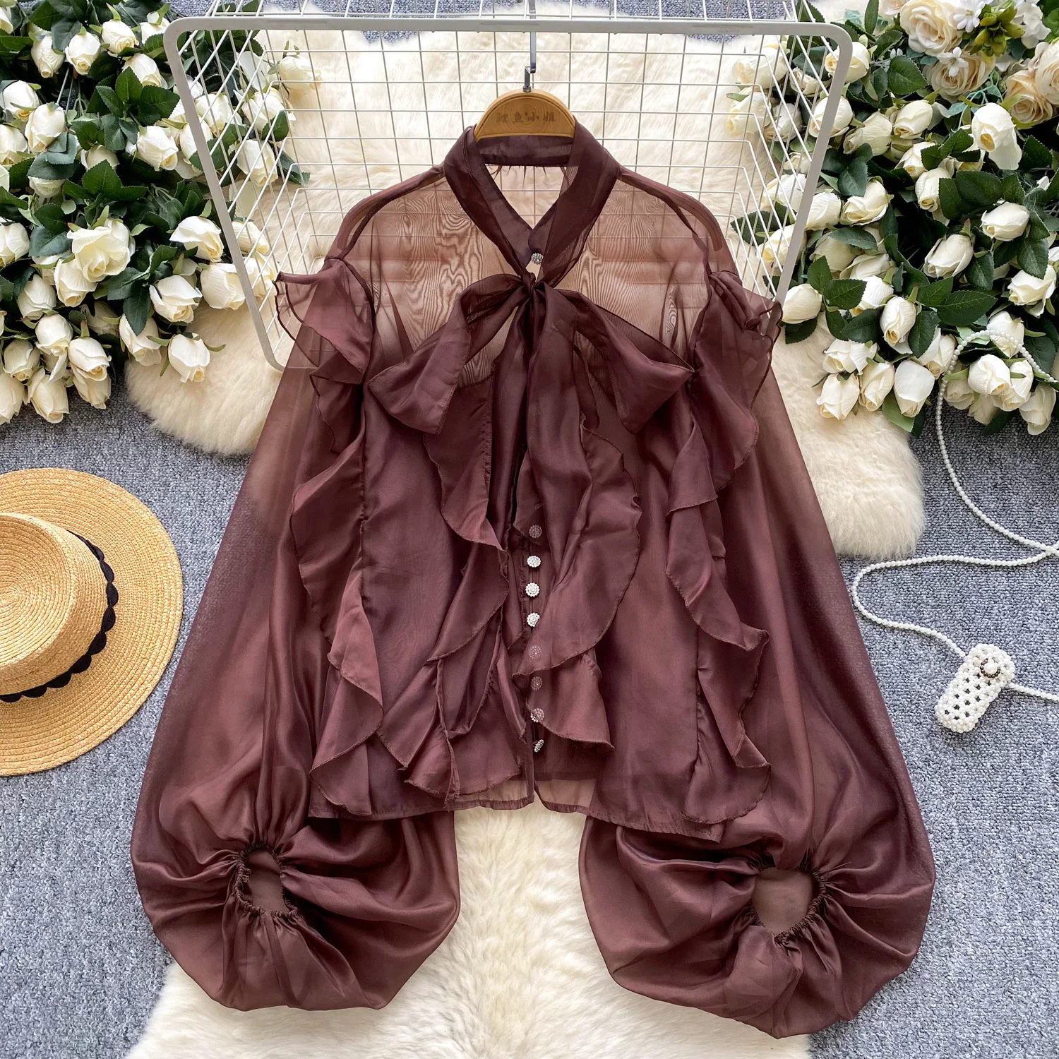 Women Ruffle Hem Shirt Sheer Mesh Shirts Solid Lace Up Long Puff Sleeves Round Neck Loose Fit Office Lady Casual 2025 Summer