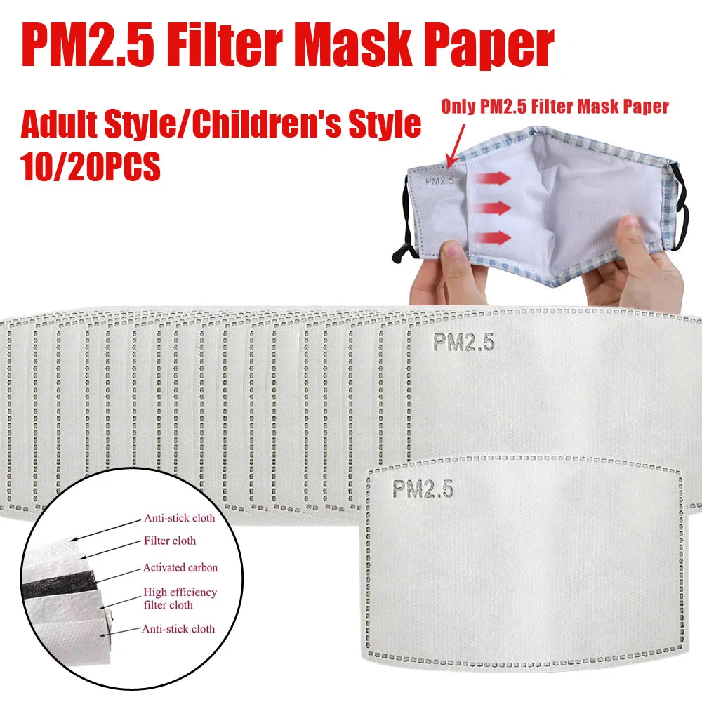 10/20pcs PM2.5 Filter Mask Paper Pad Activated Carbon 5 Layers Anti Dust Haze Mouth Mask for Adult Kids Face Masks Filter Gasket