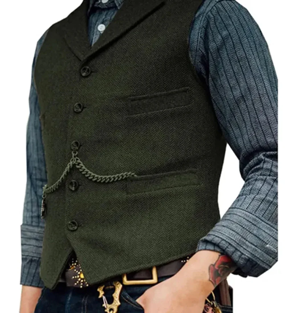 Men\'s Suit Vest Brown Wedding Wool Tweed Business Waistcoat Jacket Casual Slim Fit Gilet Homme Vests For Groosmen Man Wedding