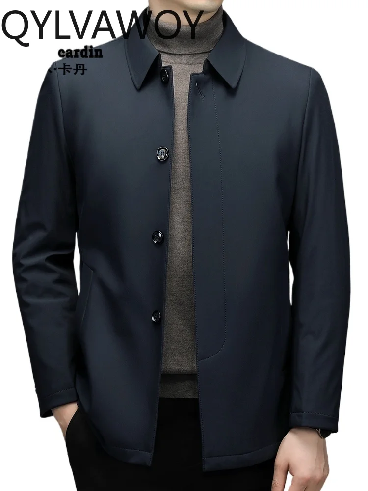

QYLVAWOY 100% Polyester Men's Middle-Aged Autumn Winter New Warm Cotton Coat Business Versatile Solid Color Lapel Jacket LJ2077