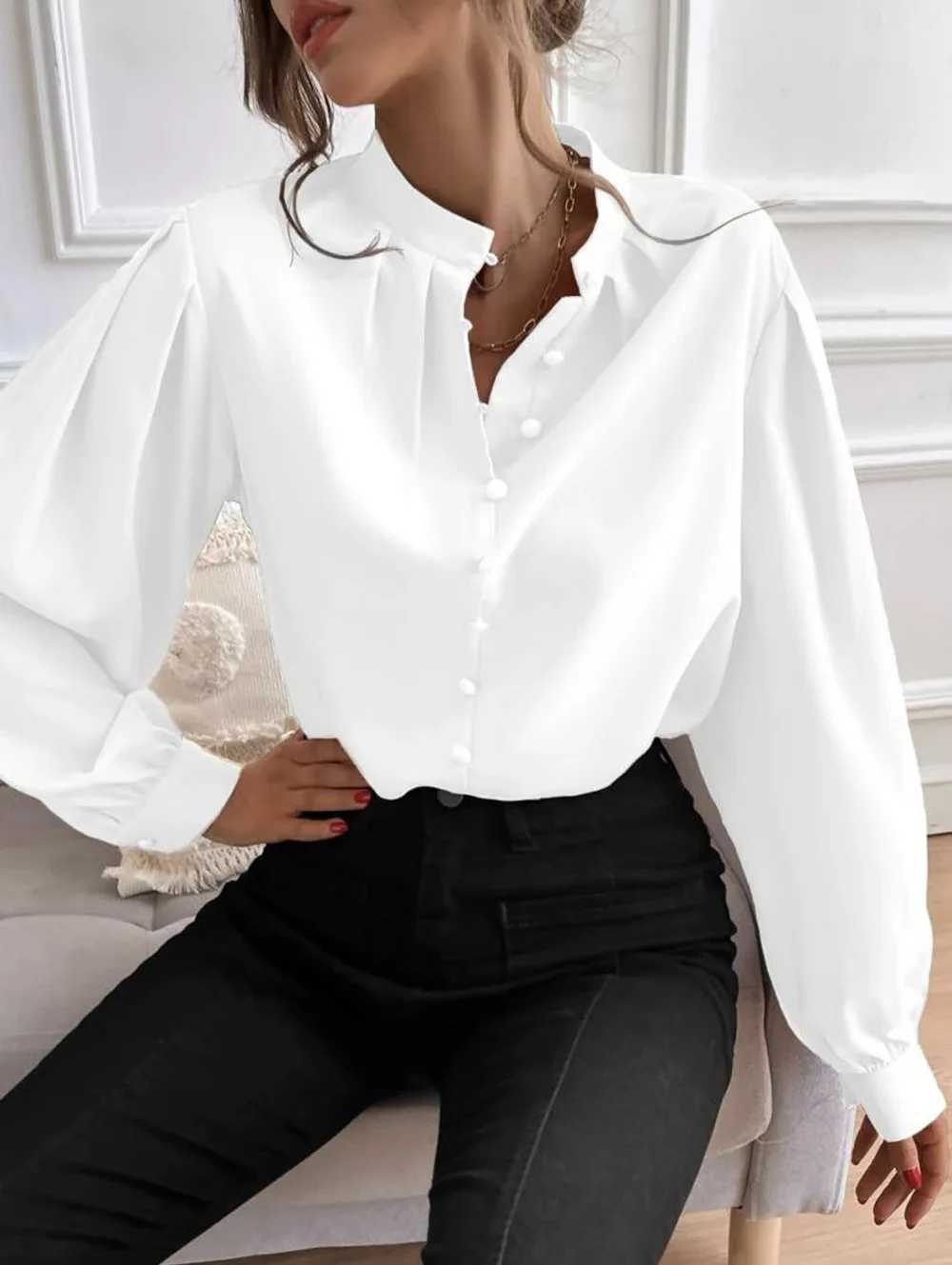 Women Casual Button Down Fall Blouses 2024 Long Sleeve Solid Business Work Tops Trend Relaxed Fit Tee Shirts