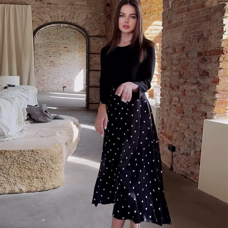 

2025Spring New Long Sleeve Polka Dot Round Neck Dress Waist-Cinching Elegant Dress for Women