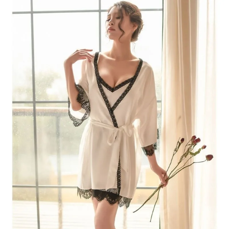 Sexy Smooth and Soft Nightwear Fall Women Spring Fall Ice Silk Thin Slip Nightdress French Lace Seductive No-slip Nightgown Set