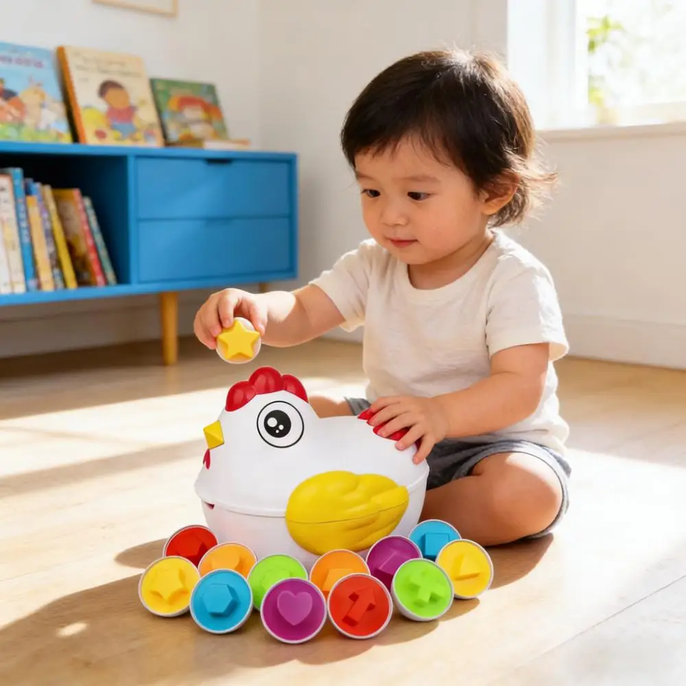 プルアロング鶏のおもちゃ 12個のマッチングエッグ付き モンテッソーリ感覚認知ゲーム イースターカラーシェイプソート 教育ギフト 子供向け