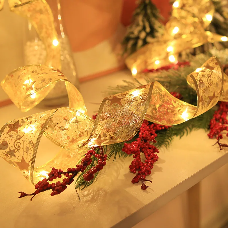 Christmas Ribbon Fairy Light Christmas Decoration DIY Bows String Light Tree Ornaments For Home 2023 Xmas Decor New Year Navidad