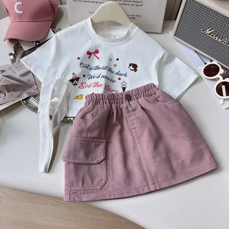 

Summer Girls' Outfit2025New print short sleeveTChildren's T-Shirt and Jeans Two-Piece Set