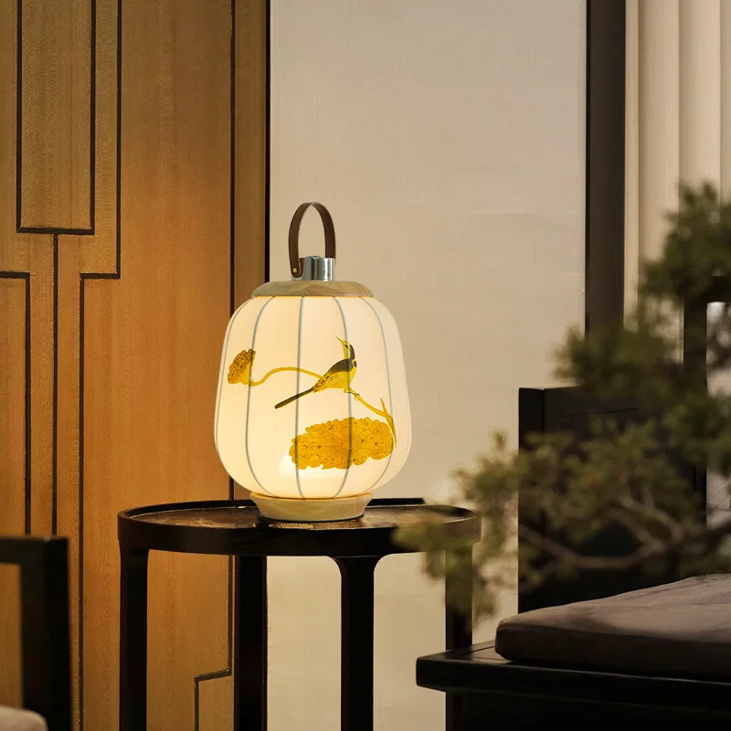 Retro Lantern Portable Rechargeable LED Tabla Lamp Printing Fabric Lampshade Living Room Bedroom Restaurant Tea House Desk Light