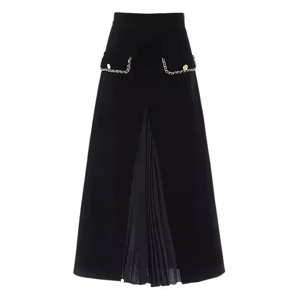 New French Velvet Patchwork Women\'s Skirt Elegant High Waist Slim A-Line Pleated Office Lady Midi Skirt Autumn Winter Clothing