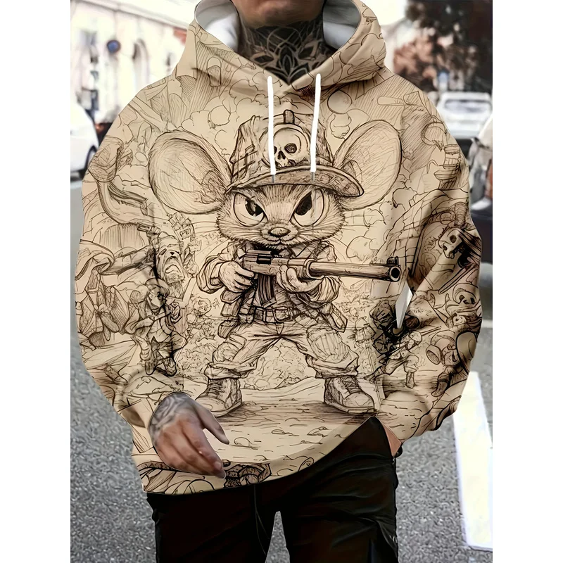 Men's Plus Size Thick Hoodie Stretch Knit Pullover Kangaroo Pocket Street Print Loose Casual Sweatshirt Machine Washable