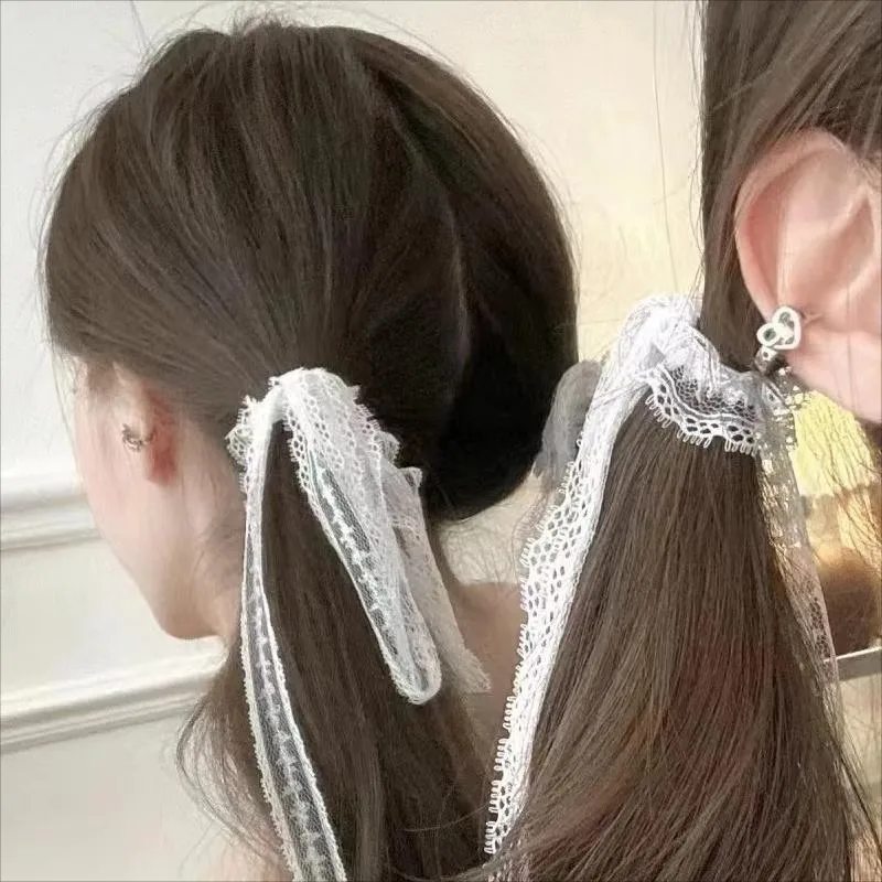 

2pcs Korean Lace Cream White Bow Ribbon Rubber Band for Women Hairpins Bullet Style Hair Rings Headpiece Lolita Headwear