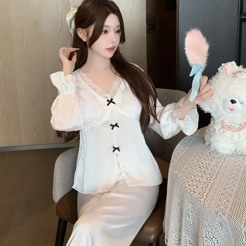 

Сексуальный лоскутный кружевной интимный пижамный костюм, весенний новый женский пижамный комплект из 2 предметов, одежда для сна, свободная домашняя одежда из ледяного шелка, домашняя одежда