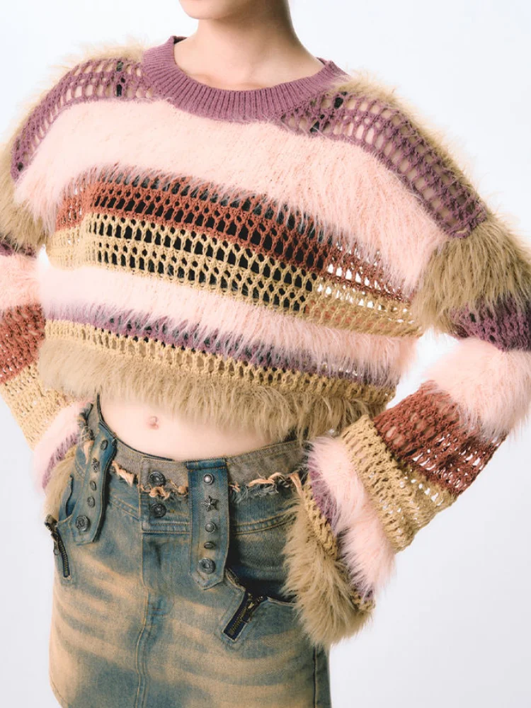 Sweet Kawaii O-neck Striped Sweaters Autumn New Hollow Out Fluffy Crop Tops Women Y2k Long Sleeve Loose Knitted Pullover