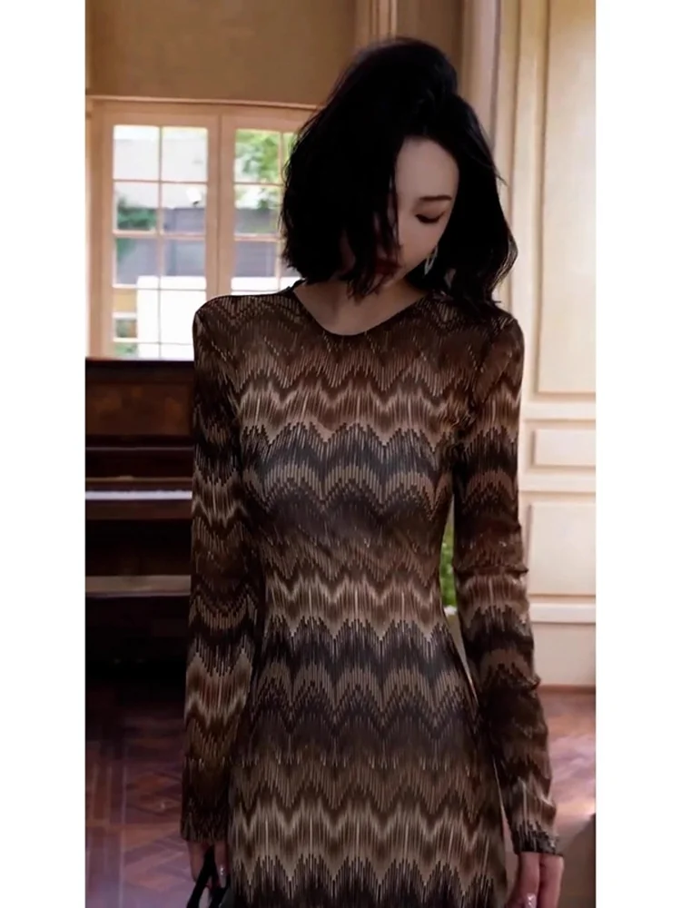 エレ ストライプ ロングスリーブ ドレ レディライク ハイウエスト Aライン シルエット サマー ファッショナブル ドレス パーティー デート カジュアルウェア