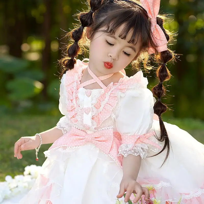 

2024 Lolita Dress For Kids Girl Toddlers Spanish Lace Ball Gowns for Carnival Infant Girls Smocked Dot Printed Dresses for Party