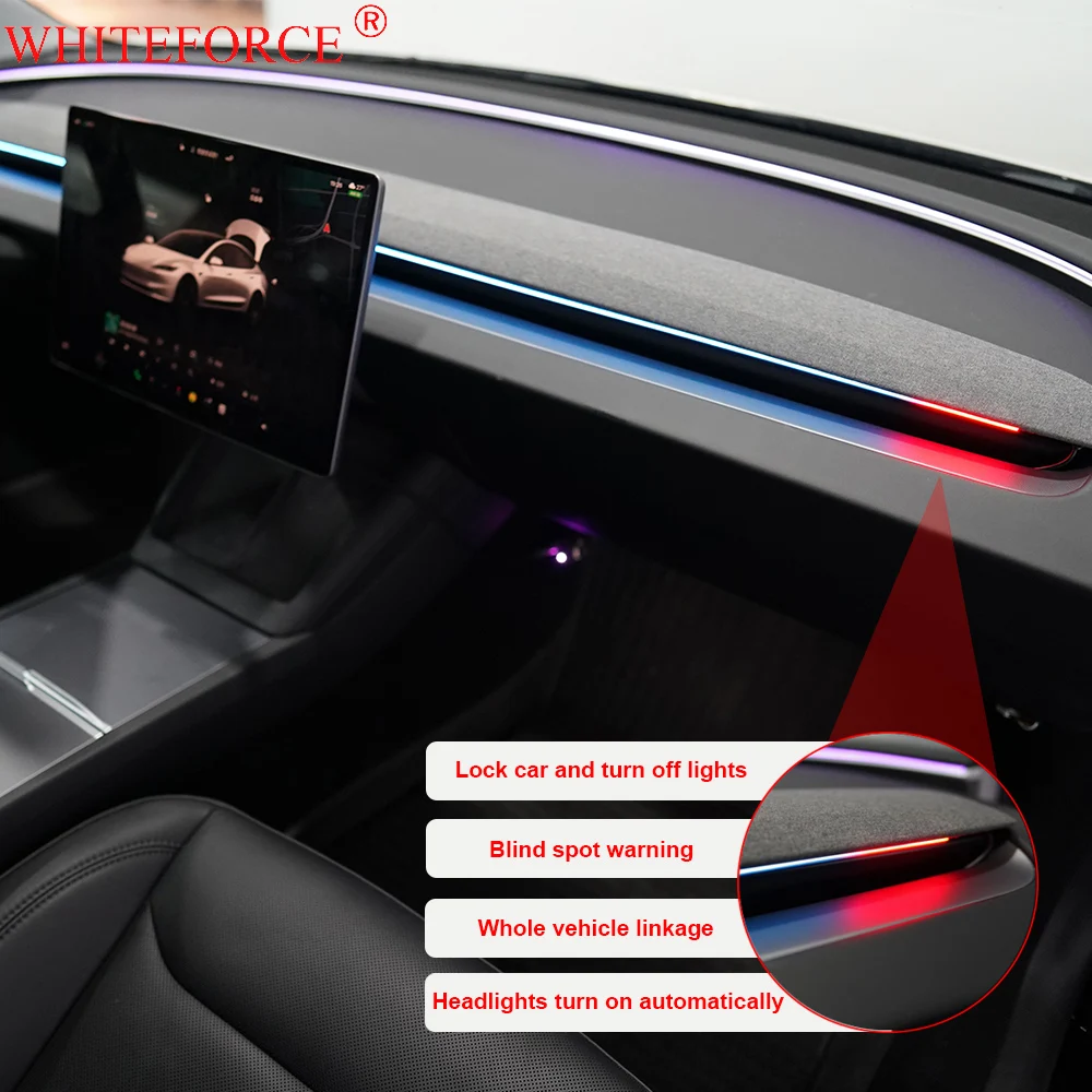 For Tesla Model Y Juniper BSD Smart Ambient Lighting RGB Dashboard Console Ambient Light Kit Model 3/Y LED Strips Neon Lighting