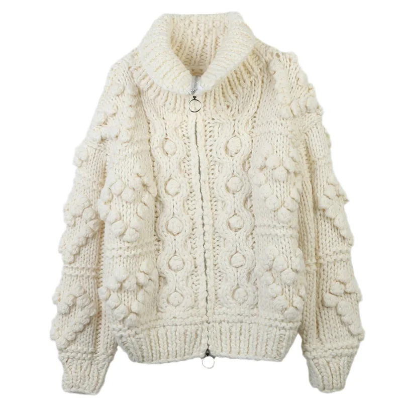 

TIYIHAILEY Knitting Coat Women Hand Made Autumn Winter Outerwear Full Sleeve Cardigan Loose Sweaters Zipper Turtleneck Blue