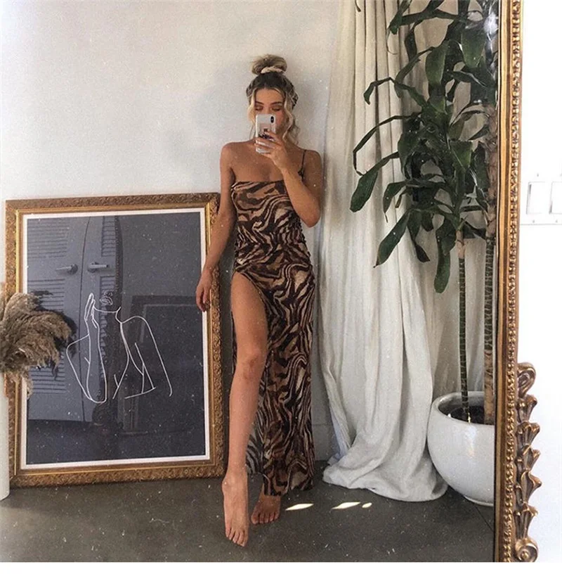 Leopard Printed Mermaid Summer Evening Dresses Sexy Sleeveless Side Split Holiday Bar Prom Party Dress Streetwear Robe De Mariée